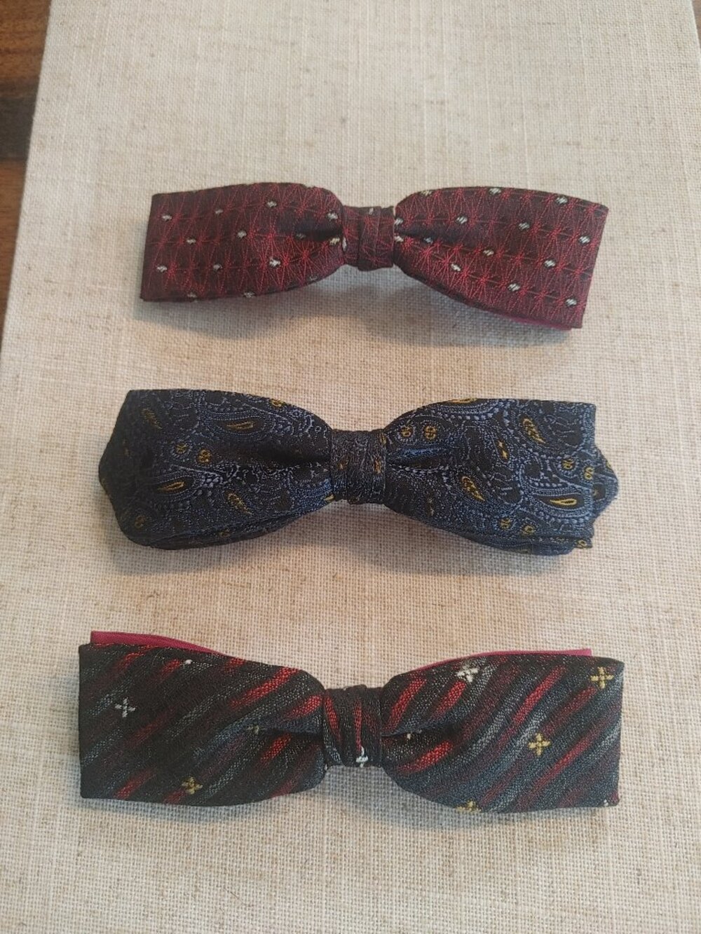 VTG 1950s Beau Clip On Bow Tie Lot of 3 - Silk Jacquard Mid-Century